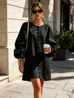 Women's linen mini shift dress with puff long sleeves and button-front closure, relaxed fit