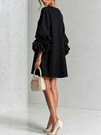 Women's linen mini shift dress with puff long sleeves and button-front closure, relaxed fit