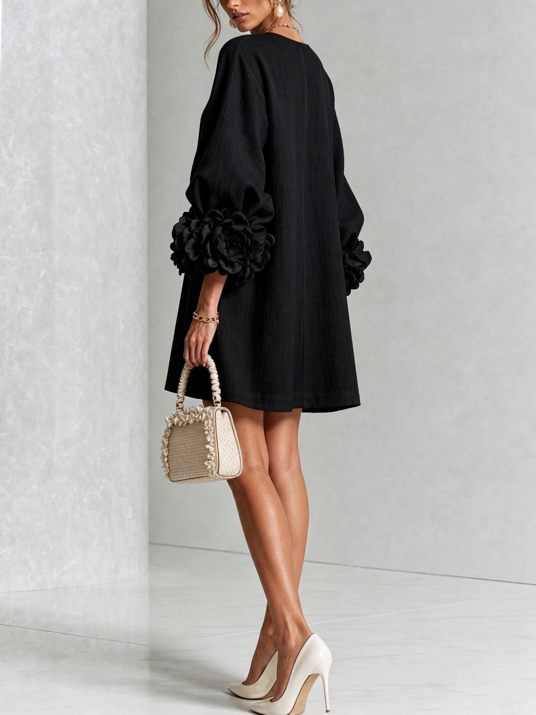 Women's linen mini shift dress with puff long sleeves and button-front closure, relaxed fit