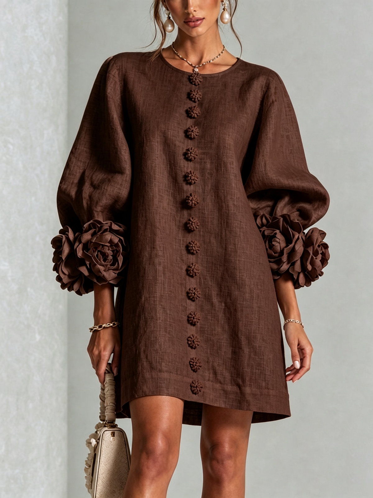 Women's linen mini shift dress with puff long sleeves and button-front closure, relaxed fit