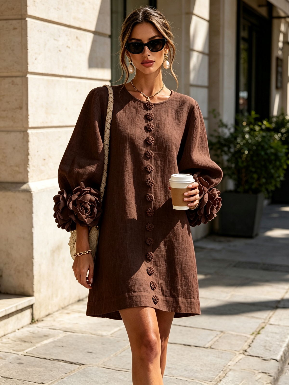 Women's linen mini shift dress with puff long sleeves and button-front closure, relaxed fit