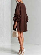 Women's linen mini shift dress with puff long sleeves and button-front closure, relaxed fit