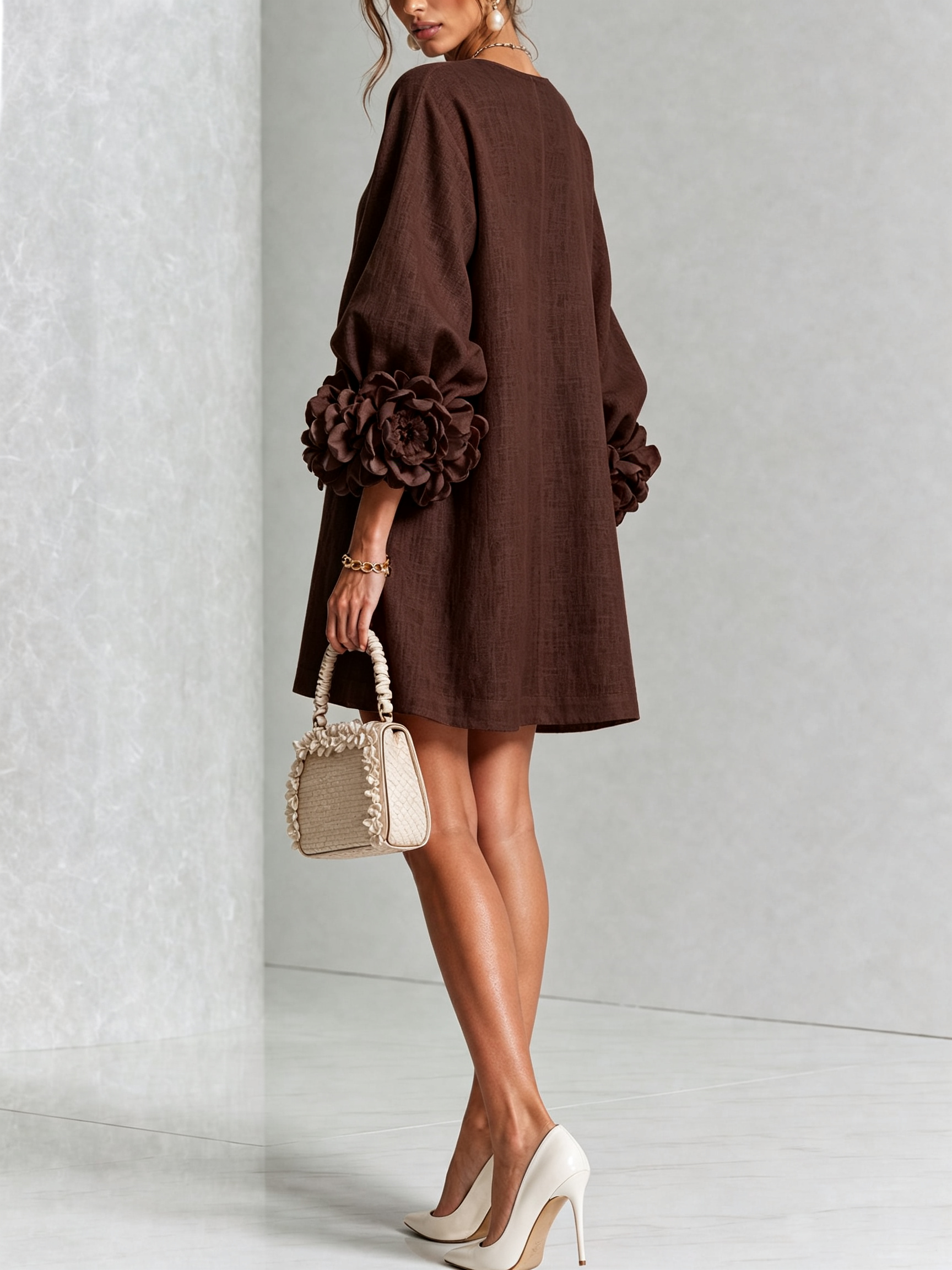 Women's linen mini shift dress with puff long sleeves and button-front closure, relaxed fit