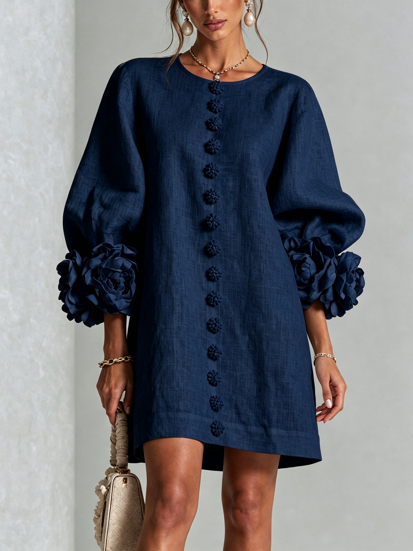 Women's linen mini shift dress with puff long sleeves and button-front closure, relaxed fit