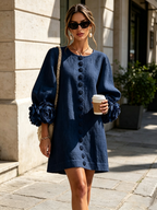 Women's linen mini shift dress with puff long sleeves and button-front closure, relaxed fit