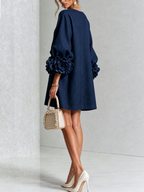 Women's linen mini shift dress with puff long sleeves and button-front closure, relaxed fit