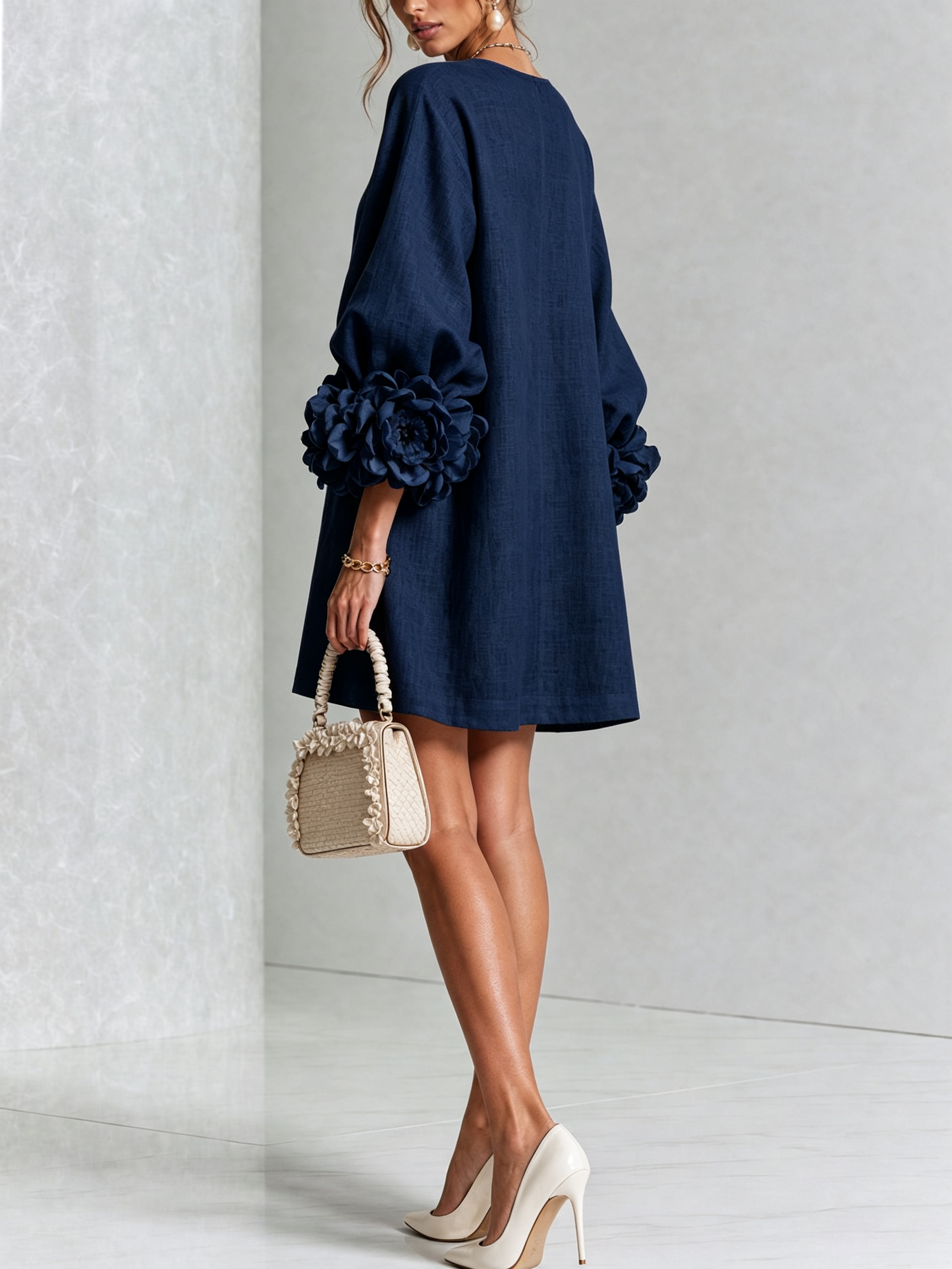 Women's linen mini shift dress with puff long sleeves and button-front closure, relaxed fit