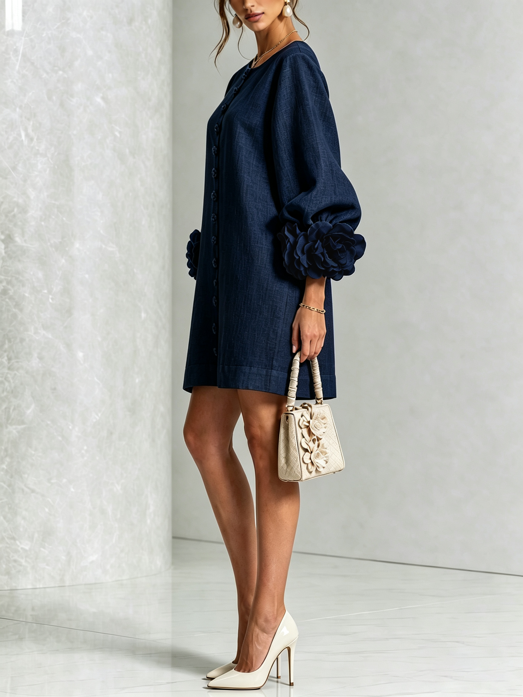 Women's linen mini shift dress with puff long sleeves and button-front closure, relaxed fit