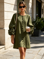 Women's linen mini shift dress with puff long sleeves and button-front closure, relaxed fit