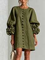 Women's linen mini shift dress with puff long sleeves and button-front closure, relaxed fit