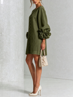 Women's linen mini shift dress with puff long sleeves and button-front closure, relaxed fit