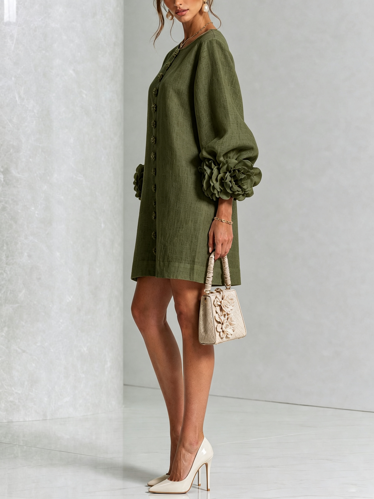 Women's linen mini shift dress with puff long sleeves and button-front closure, relaxed fit