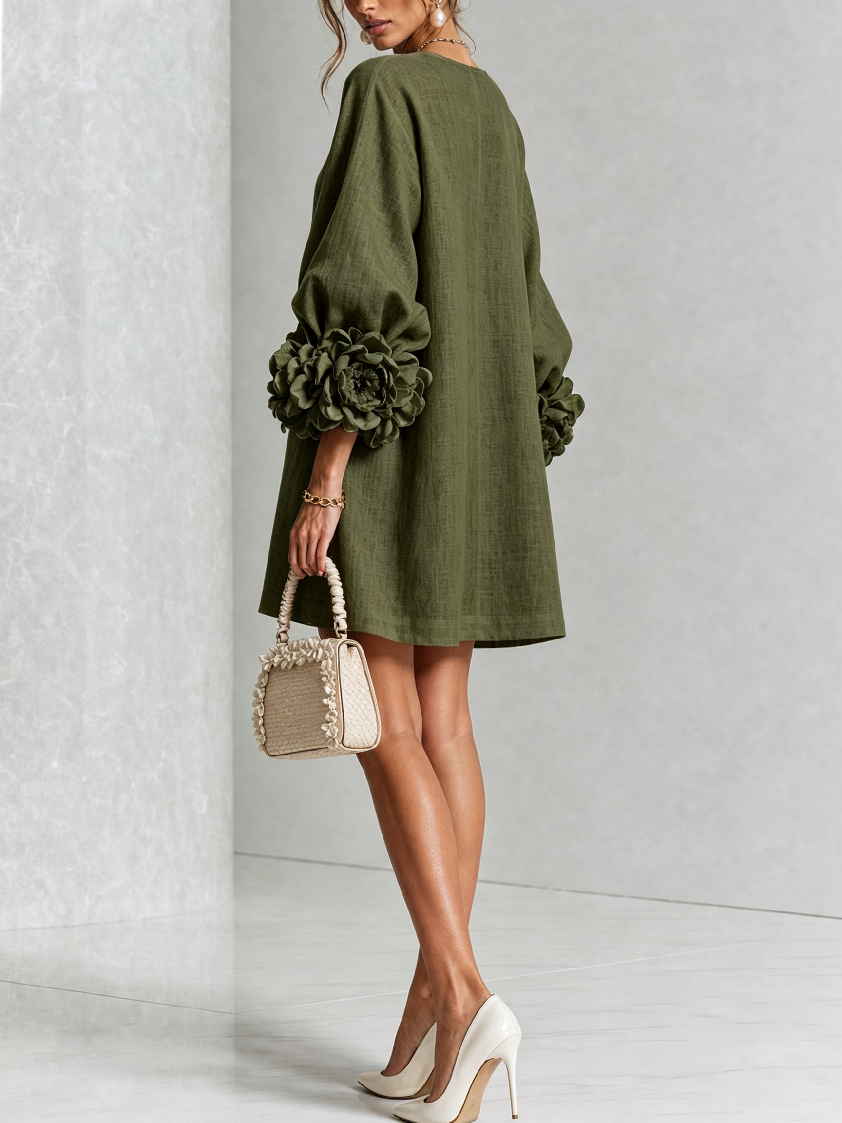 Women's linen mini shift dress with puff long sleeves and button-front closure, relaxed fit
