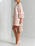 Women's linen mini shift dress with puff long sleeves and button-front closure, relaxed fit