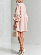 Women's linen mini shift dress with puff long sleeves and button-front closure, relaxed fit