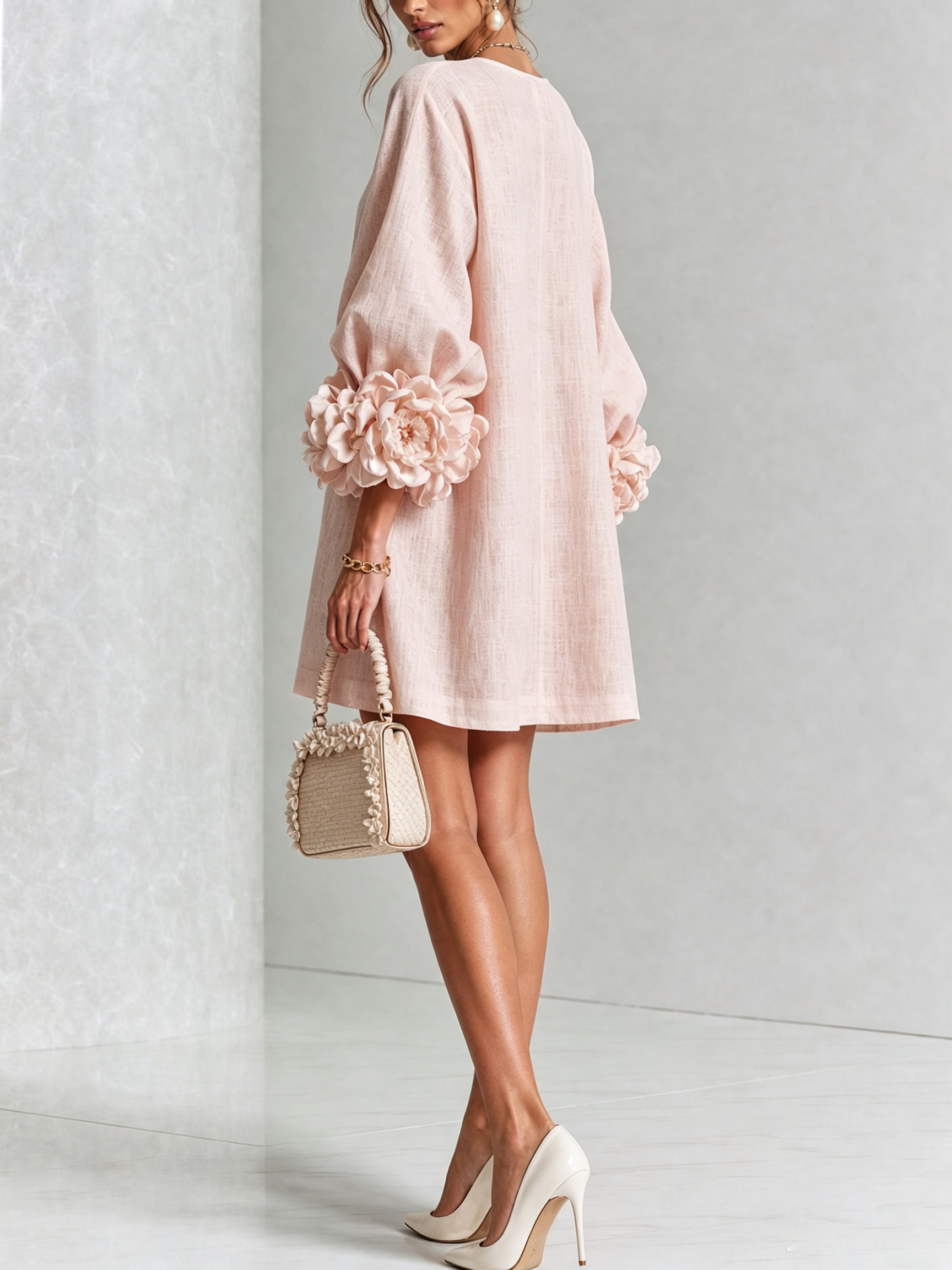 Women's linen mini shift dress with puff long sleeves and button-front closure, relaxed fit