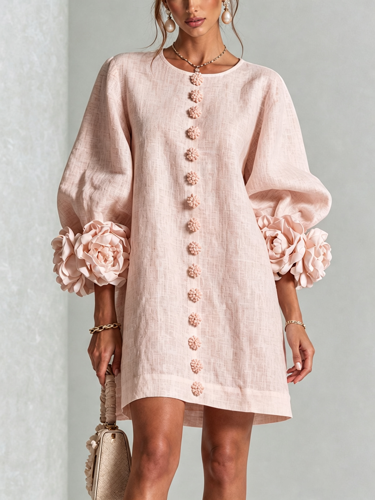 Women's linen mini shift dress with puff long sleeves and button-front closure, relaxed fit