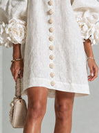 Women's linen mini shift dress with puff long sleeves and button-front closure, relaxed fit