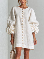 Women's linen mini shift dress with puff long sleeves and button-front closure, relaxed fit