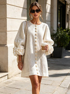 Women's linen mini shift dress with puff long sleeves and button-front closure, relaxed fit