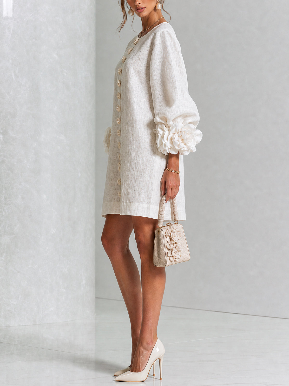 Women's linen mini shift dress with puff long sleeves and button-front closure, relaxed fit