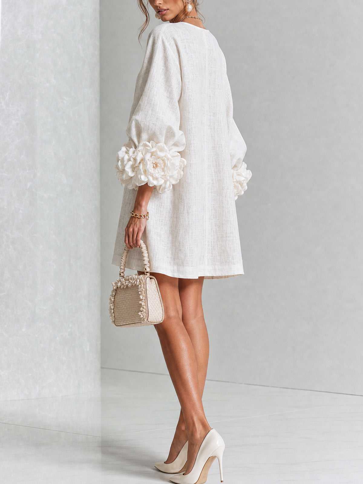 Women's linen mini shift dress with puff long sleeves and button-front closure, relaxed fit