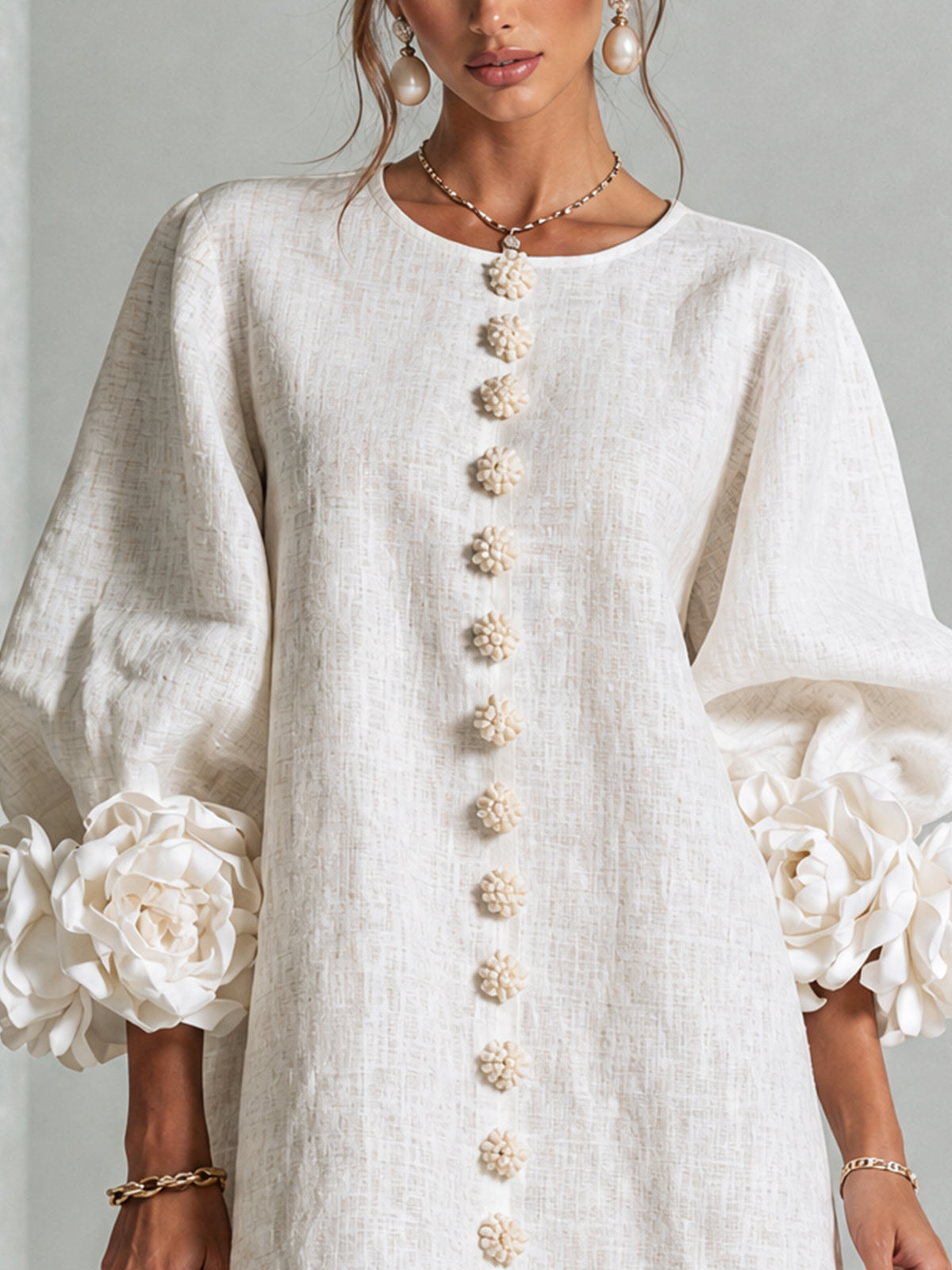 Women's linen mini shift dress with puff long sleeves and button-front closure, relaxed fit