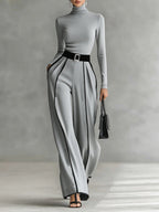 Women 2 piece set high collar top and wide leg trousers in black