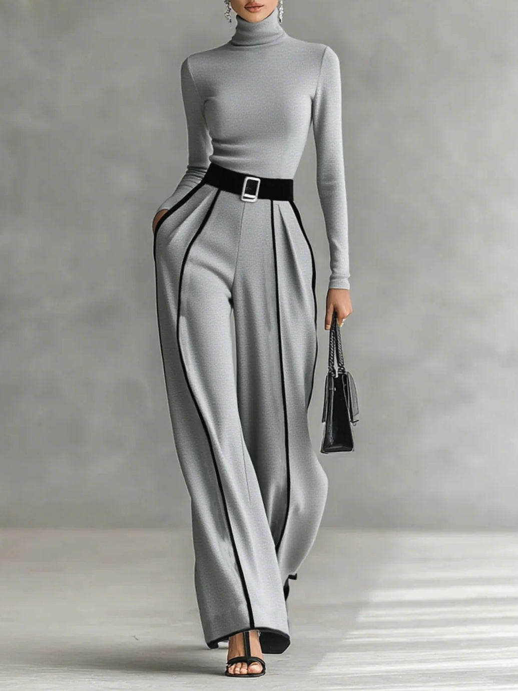 Women 2 piece set high collar top and wide leg trousers in black