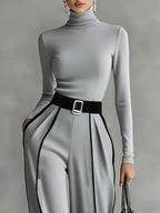Women 2 piece set high collar top and wide leg trousers in black