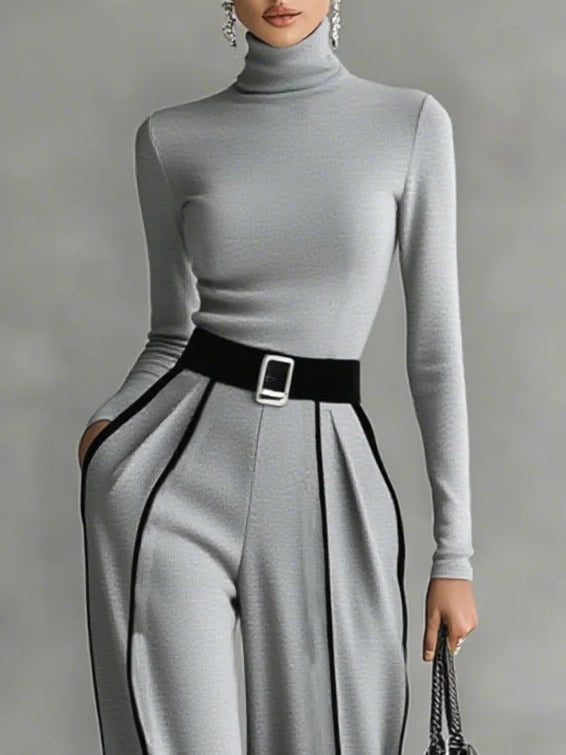 Women 2 piece set high collar top and wide leg trousers in black