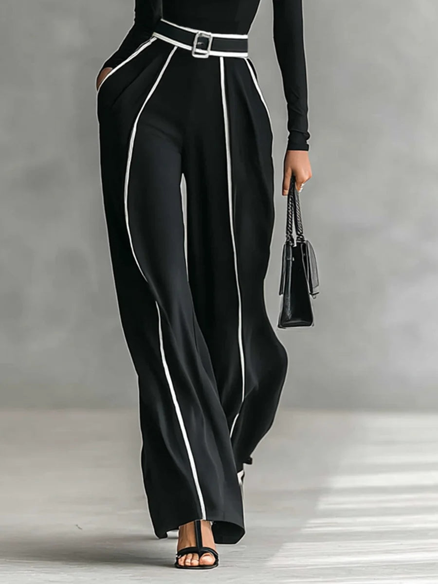 Women 2 piece set high collar top and wide leg trousers in black