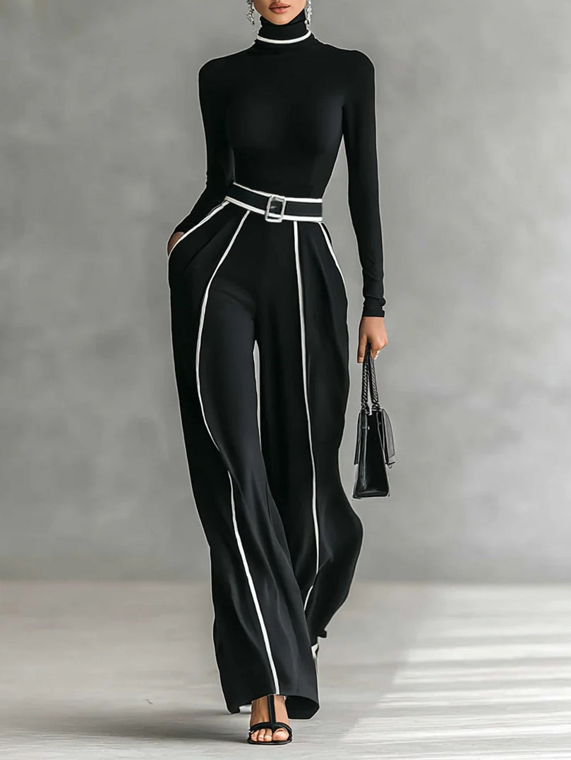 Women 2 piece set high collar top and wide leg trousers in black