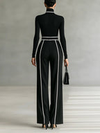 Women 2 piece set high collar top and wide leg trousers in black