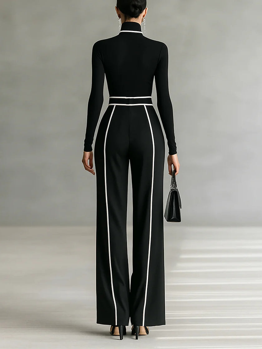 Women 2 piece set high collar top and wide leg trousers in black