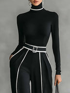 Women 2 piece set high collar top and wide leg trousers in black