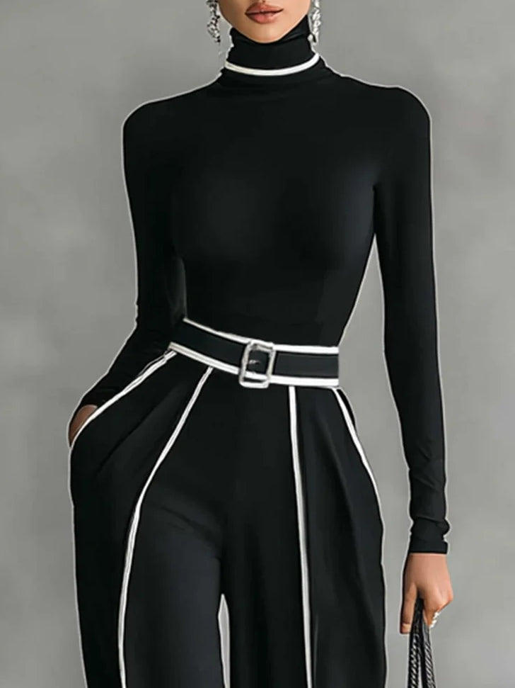Women 2 piece set high collar top and wide leg trousers in black
