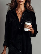 Women corduroy midi dress relaxed fit with long sleeves and button front