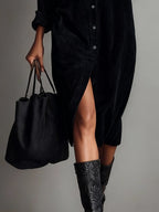 Women corduroy midi dress relaxed fit with long sleeves and button front