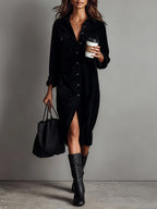 Women corduroy midi dress relaxed fit with long sleeves and button front