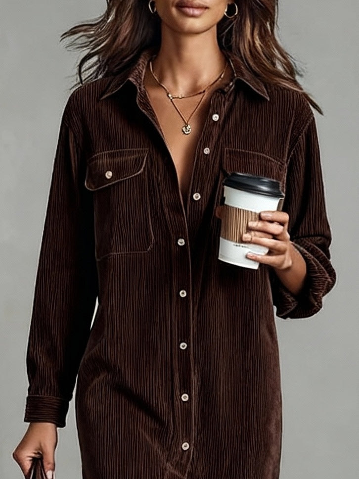 Women corduroy midi dress relaxed fit with long sleeves and button front