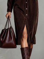 Women corduroy midi dress relaxed fit with long sleeves and button front