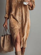 Women corduroy midi dress relaxed fit with long sleeves and button front