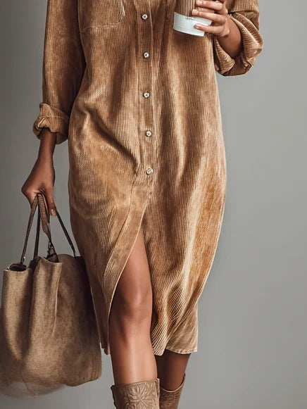 Women corduroy midi dress relaxed fit with long sleeves and button front