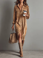 Women corduroy midi dress relaxed fit with long sleeves and button front