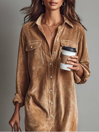 Women corduroy midi dress relaxed fit with long sleeves and button front