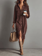 Women corduroy midi dress relaxed fit with long sleeves and button front