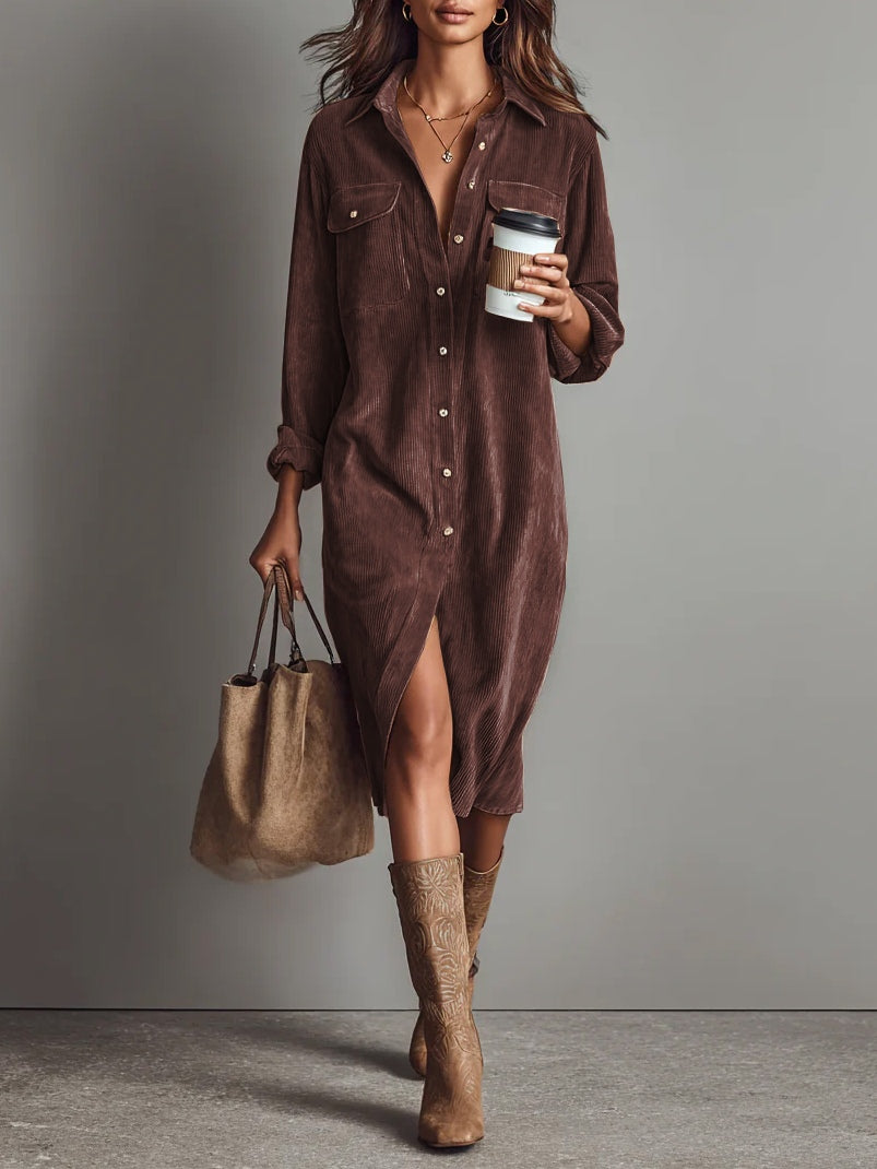 Women corduroy midi dress relaxed fit with long sleeves and button front