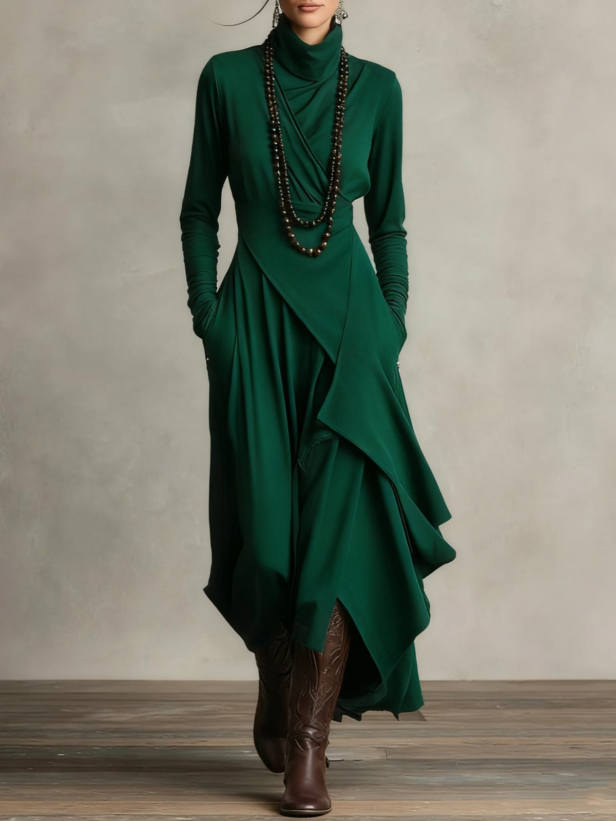 Women's flowy maxi dress with high neckline, available in multiple colors