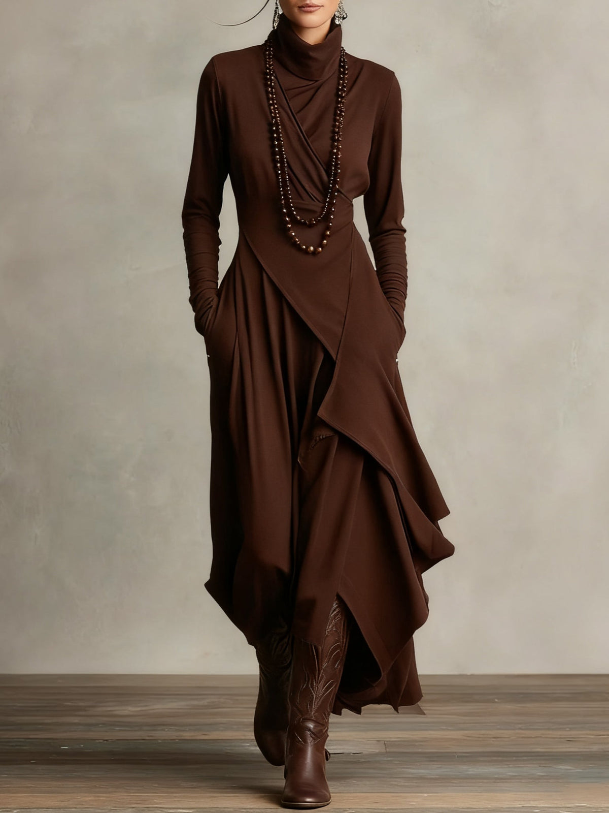 Women's flowy maxi dress with high neckline, available in multiple colors